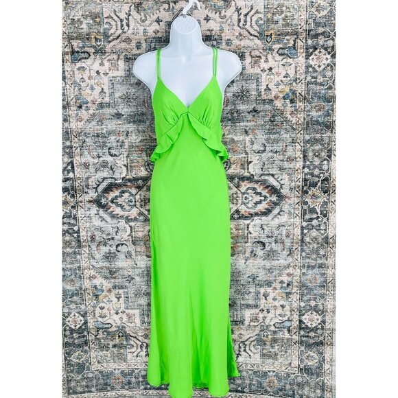Farm Rio Ruffle Midi Dress Size M Satin Strappy Back Lime Green Plunge New Tags - Picture 1 of 16